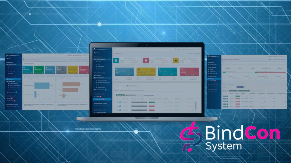 Plataforma BindCon System — dashboard de conciliação contábil em laptop